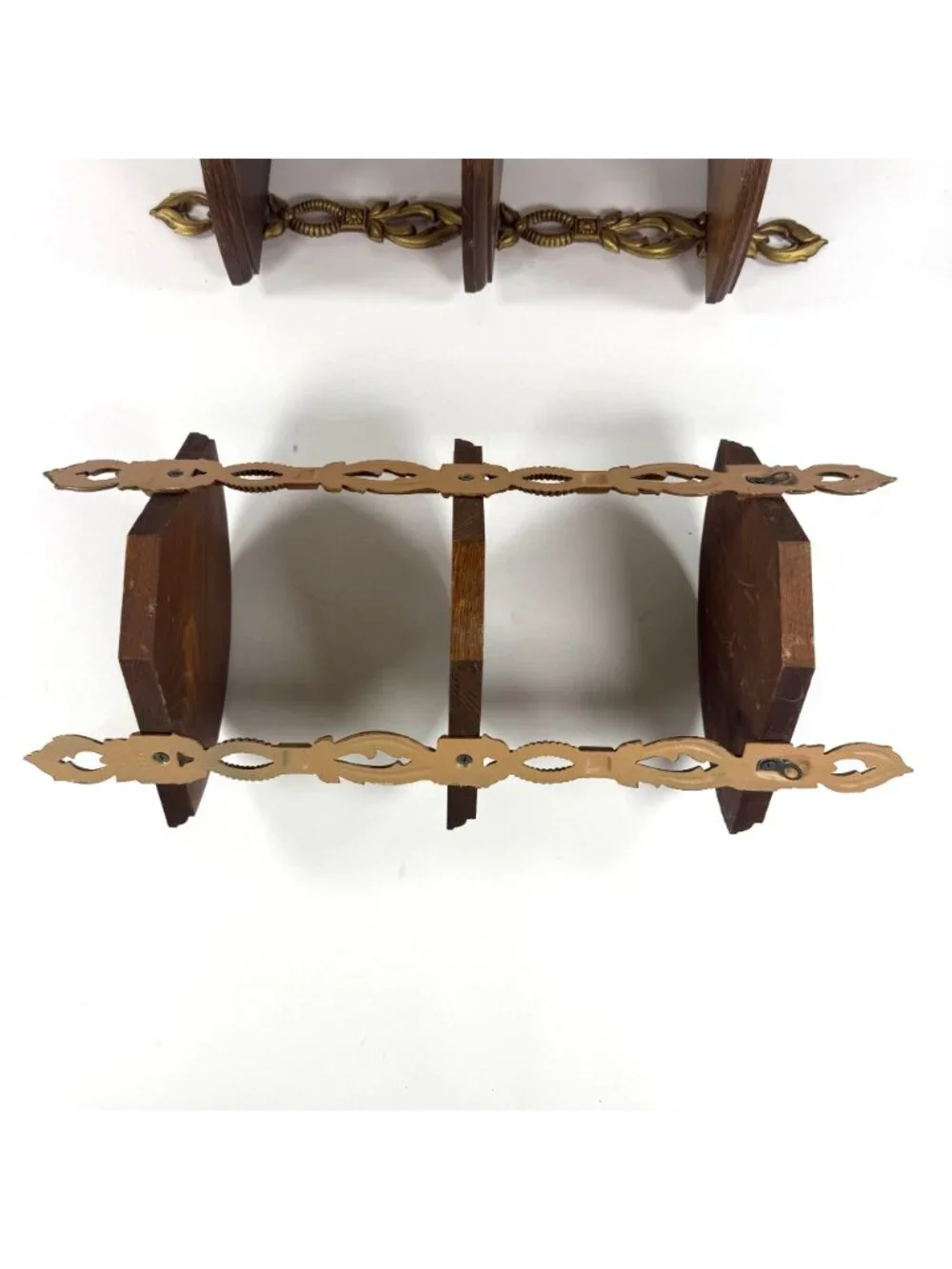 2 Vintage Sexton 3 Tier Corner Hanging Shelves Ornate Metal Wood Wall Display